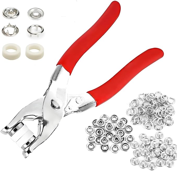 Snap Fasteners Kit - 100 Sets Metal Snaps Buttons with Fastener Pliers Press Tool - 400PCS 9.5mm Five Claw Buckle Tool Set,Heavy Duty Press Tool Kit Perfect for DIY Crafts Clothes and Sewing (Silver)
