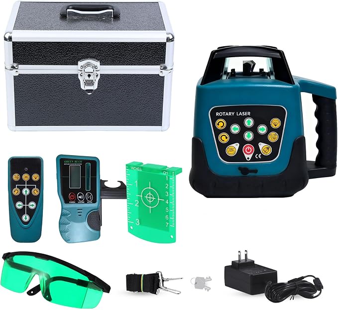 Rotary Laser Level Kit, 360 Degree Automatic Self Leveling Green Beam Horizontal Vertical Laser Transit, 500m Working Range for Construction, Building, Surveying - Blue