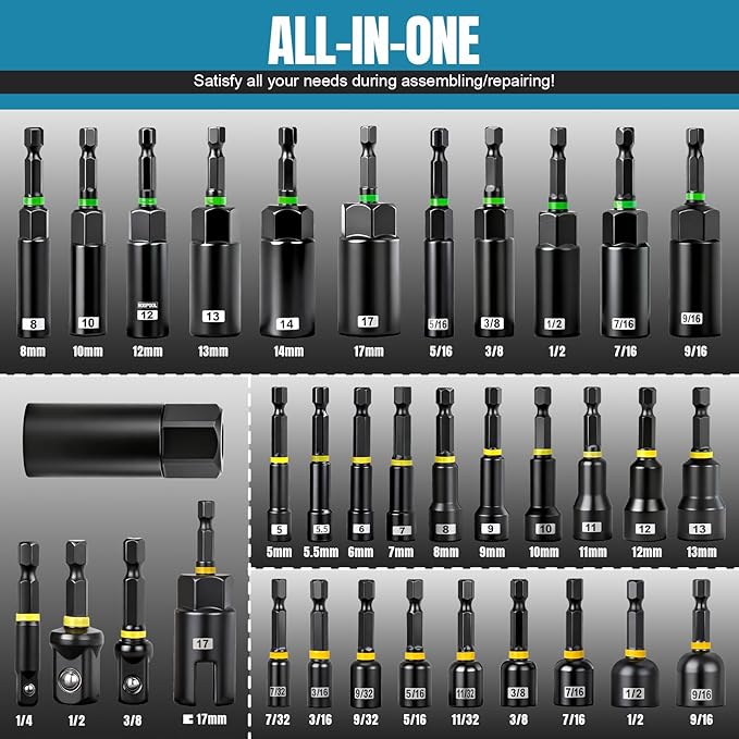80PSC Magnetic Impact Nut Driver Set - Metric & SAE with Socket Adapters, Wing Nut Driver, Bit Holder, Universal Sockets, Quick Release Extension, Power Bits, 1/4'' Quick Change, Storage Box