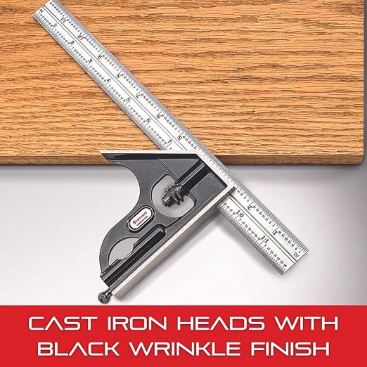 Starrett Steel Combination Square with Square Head - 11-3/4" Blade Length, Cast Iron Heads, Hardened Steel, Reversible Lock Bolt, Scriber, 36 Graduation Type - C11MEH-300