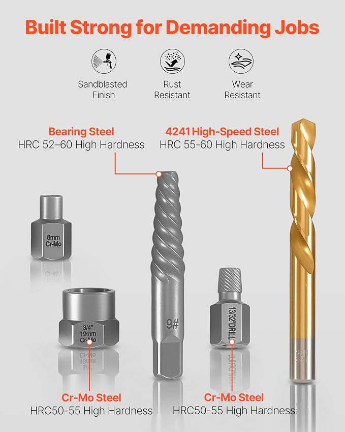VEVOR Bolt Extractor Kit, 54 Pieces Easy Out Screw Extractor Set, Left Hand Drill Bit Set, Multi-Spline Extractors, for Removing Damaged, Stripped, Broken, Rusted, Rounded-Off Bolts, Nuts & Screws