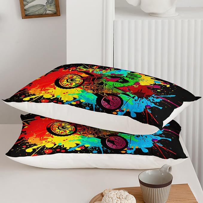 Axolotl Motocross Bedding Set King,Dirt Bike Comforter Set,Extreme Sports Bedding,Motorcycle Racer Comforter,Colorful Motocross Motor Vehicles Biker Quilt for Boys Kids Teens Men,1 Quilt 2 Pillowcase