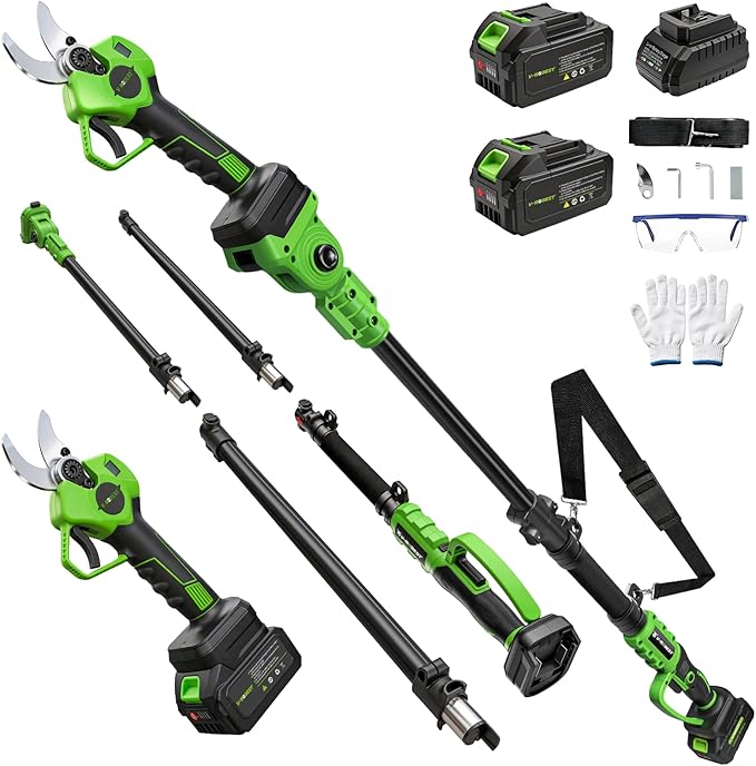 2-in-1 Electric Pruning Shears Cordless with Extension Pole, Cordless Pole Pruner, 1.6" Cut, SK7 Blade, 2x4.0Ah Batteries, Brushless Motor, LCD, Battery Powered Tree Pruner