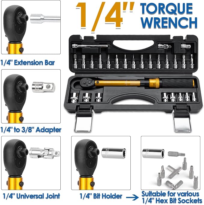 YIYEIE 1/4 Inch Drive Bike Torque Wrench, 1-25 Nm (10-222.5 in.lb) | 27 PCS Click Bicycle Torque Wrench with Bit Sockets, 0.1 Nm Micro, 72-Tooth Ratchet, 3/8 Adapter, for MTB, E-Bike, Motorcycle
