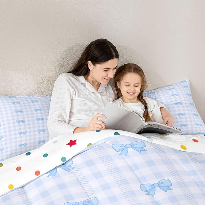 Feelyou Blue Grid Bowknot Bedding Set Soft for Boys Girls, Bow Checkered Comforter Set Full Size Princess Duvet Quilt Microfiber Bedroom Decor 3 Pcs with 2 Pillow Cases