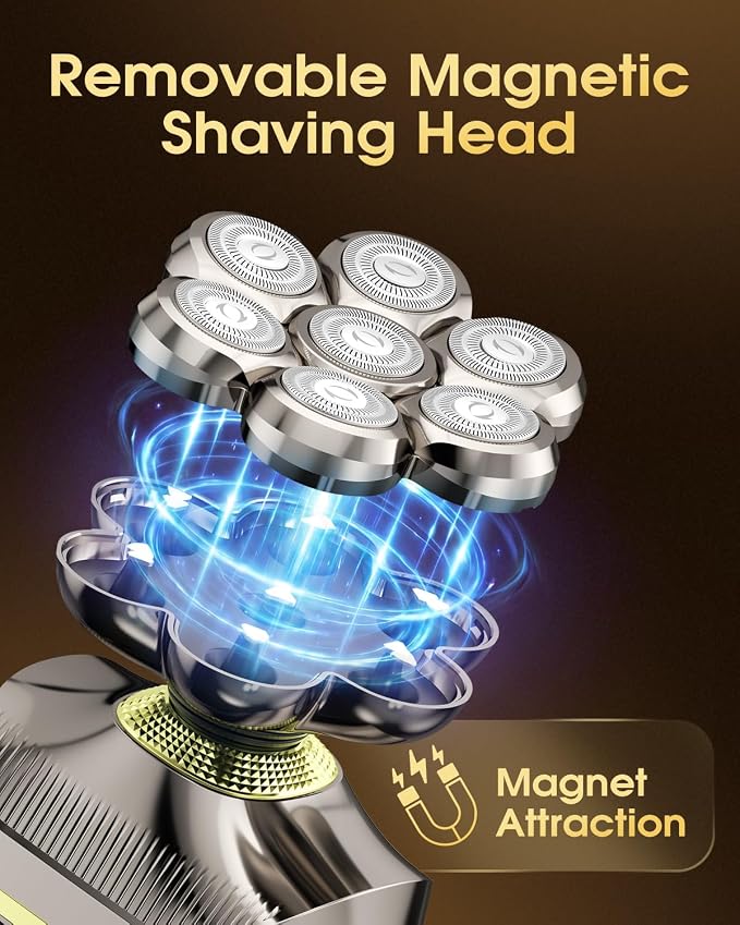 7D Electric Head Shavers for Bald Men, Waterproof Wet & Dry Electric Razor, 5-in-1 Grooming Kit for Home & Travel, Head Shaver with LED Display, 120 Min, Great Gift for Men-Steel Gold