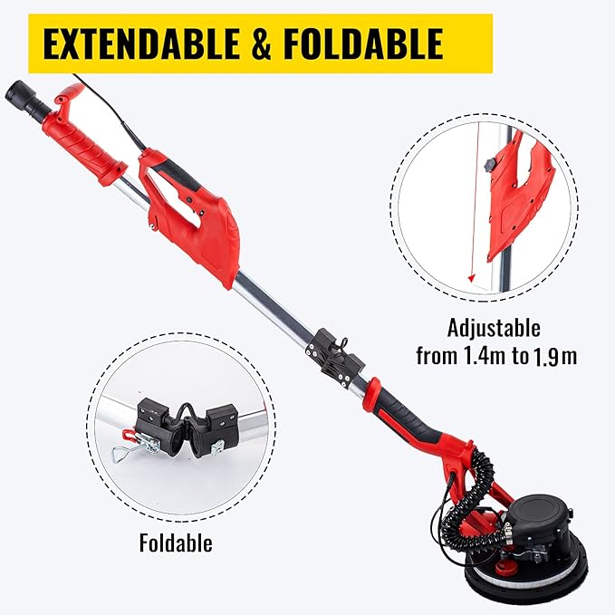 VEVOR Drywall Sander 850W, Electric Drywall Sander Variable Speed 800-1750 RPM, Foldable Sheetrock Sander with Telescope Handle, Electric Sander with LED Strip Light and Vacuum Bag, Wall Sander