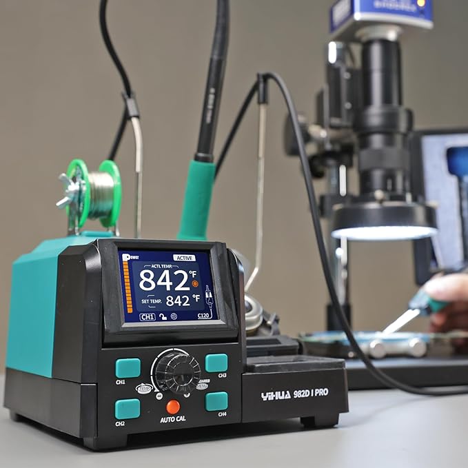 YIHUA 982D-I PRO 2 IN 1 Precision Microsoldering Iron Hot Tweezers Soldering Station with 10 Tip Cartridges, Individual Operating Interfaces, Dual Holder, Auto Temp Calibration, 4 Pre-set Channels