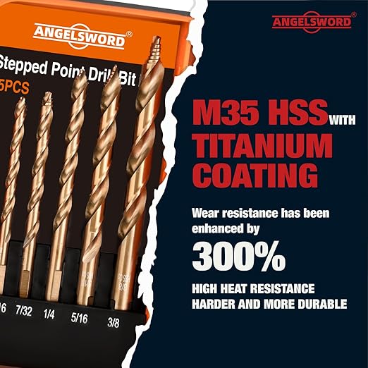 ANGELSWORD M35 Cobalt Stepped Point Tip Drill Bit, 15 PCS(1/16"-3/8"), Titanium Coated Drill bit, for Steel, Cast Iron, Aluminum, Brass, Acrylics