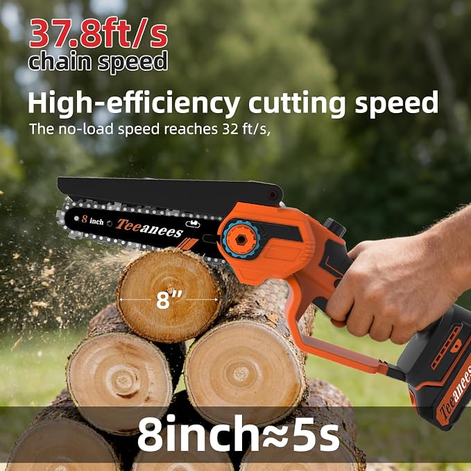 8" Brushless Electric Chainsaw, 1200W Battery Powered Chainsaw with 4.0Ah Battery & 4 Chains, 2-in-1 Dual Bar (8" & 6") Handheld Saw, for Tree Trimming (Orange, 1 Battery)