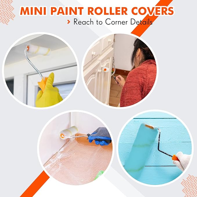 Leumoi 300 Pcs 4 Inch Mini Paint Roller Cover 1/2" Nap Small Microfiber Roller Covers Home Repair Tools House Household Supplies Kit(Yellow, White)