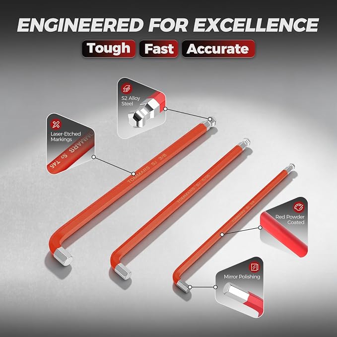 TOMMARS 31-PC Extra Long Stubby Ball End Allen Wrench Set, SAE/Metric/TORX | Extra Long Arm, Stubby Arm, Ball End, S2 Steel, SAE(0.05"-3/8"), Metric(1.5mm-10mm), TORX(T10-T50)