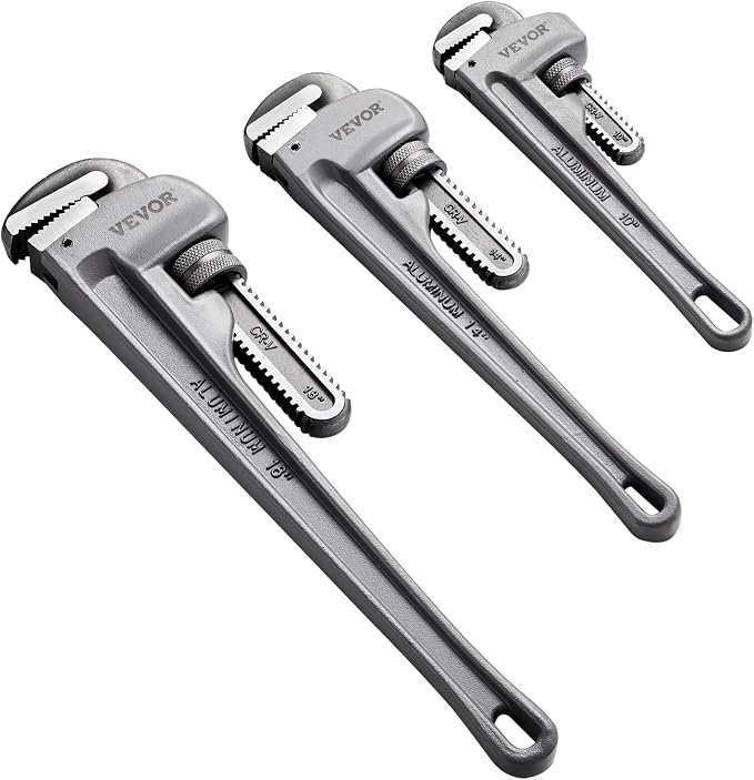 VEVOR 3-Piece Pipe Wrench Set, 10" 14" 18" Aluminum Straight Pipe Wrench, Adjustable Plumbing Wrench, with High Strength Jaw and Ergonomic Handle, Hangable Design, for Water Pipes, Automotive Repairs