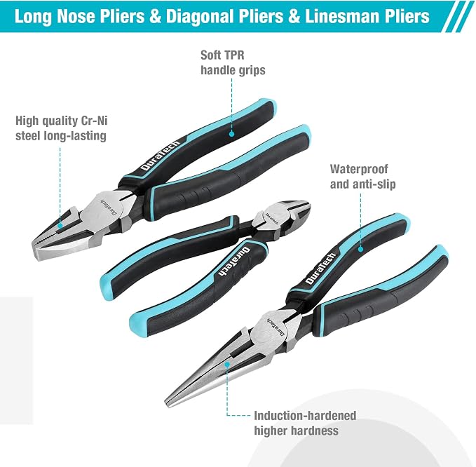 DURATECH 7-Piece Pliers Set with Rolling Pouch,Cr-Ni Construction | 10" & 8" Groove Joint, 8" & 6" Long Nose, 8" Linesman, 6" Slip Joint & Diagonal Pliers