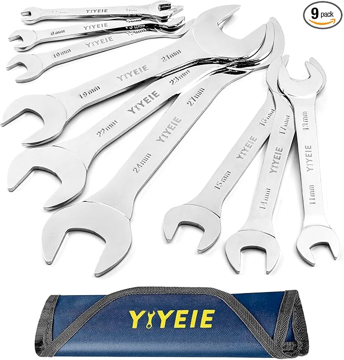 YIYEIE 9Pcs Super-Thin Wrench Set, 3mm Ultra-Slim Open End Wrench Set | Metric 5.5, 7, 8, 9, 10, 11, 12, 13, 14, 15, 16, 17, 19, 21, 22, 23, 24, 27mm, CR-V Steel, Flat Wrenches with Mirror Finish