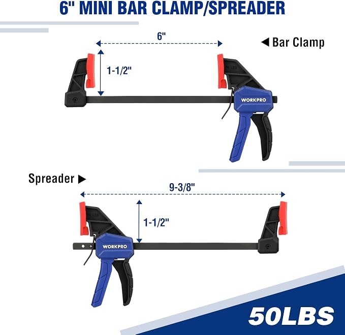 WORKPRO 10-Pack Bar Clamps for Woodworking, 6-Inch (2) Mini & (2) Light Duty and 12-Inch (2) Wood Clamps & 4-1/2-Inch (4) Spring Clamps, F Clamp with 50/150 LBS Load Limited