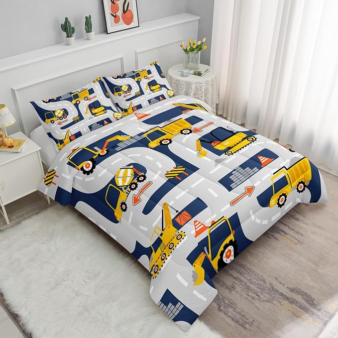 Axolotl Cartoon Excavator Bedding Set King,Tractor Truck Boys Comforter,3 Piece Yellow Vehicles Truck Comforter Set,Construction Site Theme Decor for Kids Boys Teens,1 Quilt 2 Pillowcases