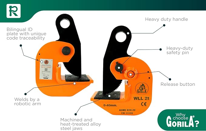GORILA horizontal plate clamp | 4400lbs / 2 ton | Jaw opening 1.6 inch / 40mm | Industrial and heavy duty Steel plate clamp for lifting and transporting | Safety factor 4:1 | Since 1989