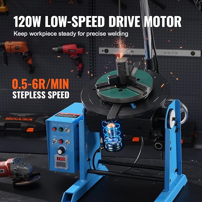VEVOR Rotary Welding Positioner 50KG, Adjustable 0-90° Turntable for Welding 0.5-6RPM 120W, Includes 12.4 Inch 3-Jaw Lathe Chuck & Torch Stand for Efficient Cutting, Grinding, Assembly, Testing