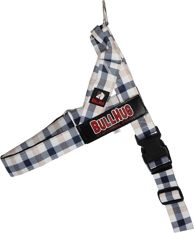 Adjustable Dog Harness– No Pull, No Choke – for English Bulldogs, French Bulldogs, Pugs & Broad-Chested Breeds – Easy, Safe Walks (Blue TAN Plaid, XL)