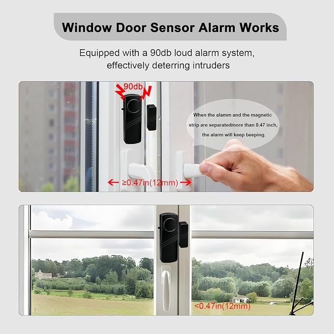Door Window Alarm - 90dB Loud Home Security Sensor for Kids Safety, Burglar Alert for House, Apartment, Office, Hotel & Pool Window, Black (2 Pack)