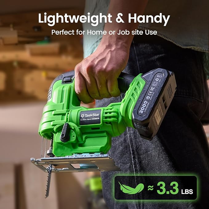 TaskStar Jig Saw - Cordless Jigsaw Saw with Batteries and Charger | Jigsaw Tool wtih 9 Blades for Wood, Metal, PVC, ±45° Bevel Cutting, 4 Orbital Actions, LED, Safety Lock, Storage Bag