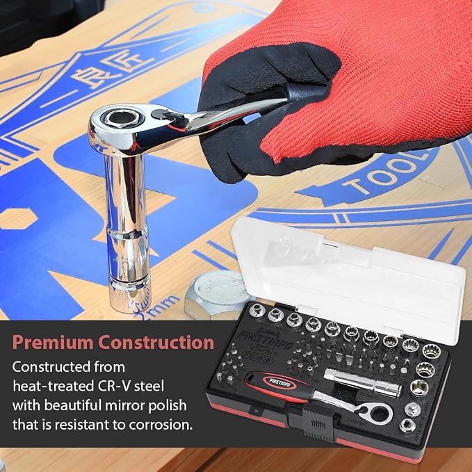 FIRSTINFO 51-Piece 1/4 Drive Spline Pass-Through Socket Set, SAE/Metric | Low-profile offset handle • Insert-snap ratchet • 35 S2 bits • Quick-release adapter • Molded case
