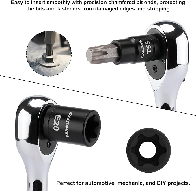 CASOMAN 32-Piece Torx Bit Socket and Female External Socket Set, 14 Star Bits (T8- T70) and 13 Female E-Torx Sockets (E4-E24), Include 5 Impact Socket Adapter