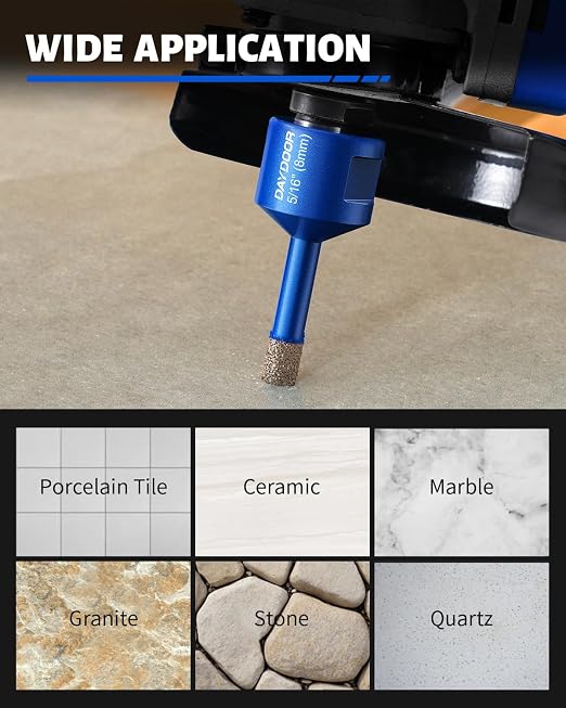 DAYDOOR Diamond Hole Saw Kit, 13-Piece Tile Hole Saw Kit 1/4" 5/16" 4/5" 1" 1-3/8" 2" 3" 4",Vacuum Brazed Core Drill Bits for Porcelain Tile, Granite, Marble, Stone(Blue)