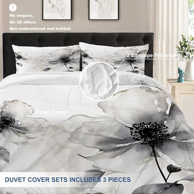 Batmerry Flowers Watercolor Queen Size 100% Cotton Duvet Cover Sets, Elegant Black White Flower Painting Bedding Set with Zipper Closure Corner Ties, 3 Pieces (1 Cover + 2 Pillowcases No Comforter)