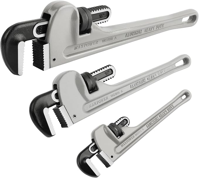 MAXPOWER Pipe Wrench Set 10" 14" 18", with 1" 2" 2.5" Jaw Capacity | Aluminum Plumber Wrenches, Straight Plumbing Wrench