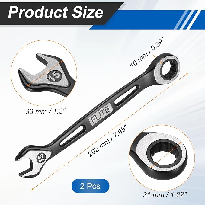 HARFINGTON 2Pcs Ratcheting Combination Wrench 15mm Stubby Wrench Metric High Carbon Steel Double 12-Point Box Open-Ended Ratchet Spanner Tool for Household Garage Workshop Auto Repairs, Black