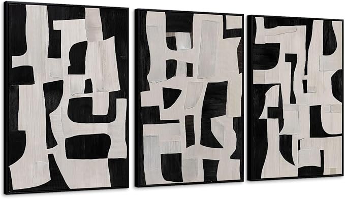 Zessonic Abstract Black and White Wall Art Edgy Blocks Framed Geometry Canvas Print Modern Contemporary Artwork for Living Room, Bedroom, Office Decor - Set of 3, 24x36 Inch (Ready to Hang)