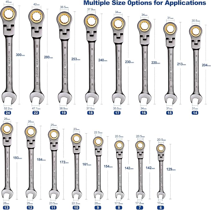 Ratchet Wrench Set, 16-Piece Flex-Head Ratcheting Combination Wrench Set, Metric Wrench Set 6–24 mm, 72-Teeth Cr-V, Nickel-Plated with Wrench Organizer Roll Bag