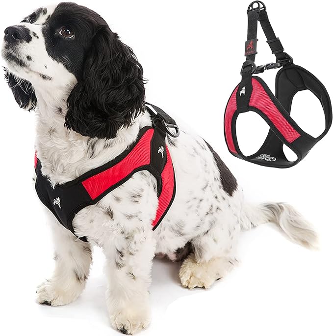 Gooby Escape Free Easy Fit Dog Harness, Step-in, Red, Large | Patented escape-free frame; Contracts if they back out; Step-in easy on/off; Machine washable; Light POM leash ring