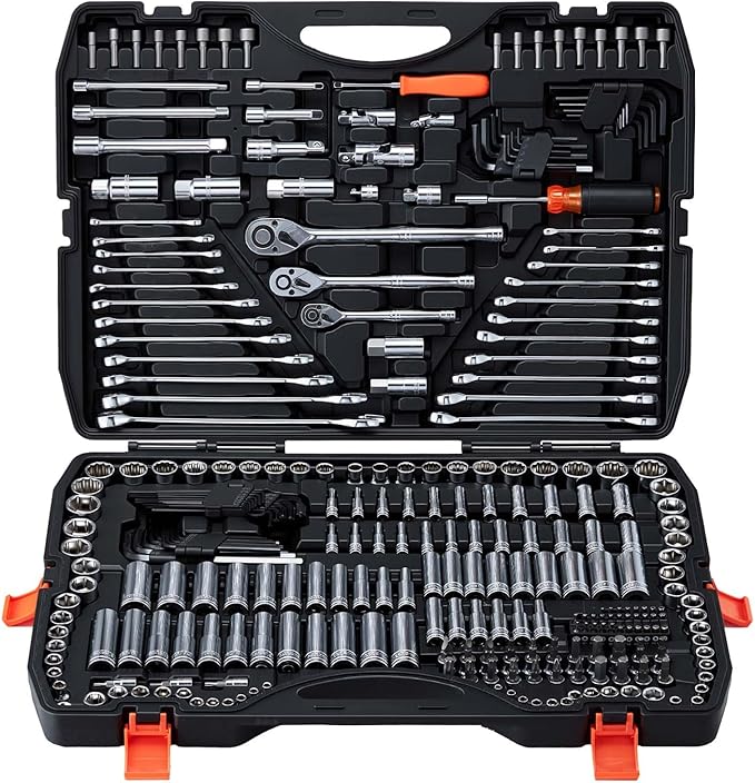 VEVOR Mechanics Tool Set, 308-Piece Mechanic Tool Kit, 1/4 in, 3/8 in, and 1/2 in Drive, SAE and Metric Socket Set, Wrenches, Screwdriver Bits, Accessories, and Storage Case, for Automotive Repair