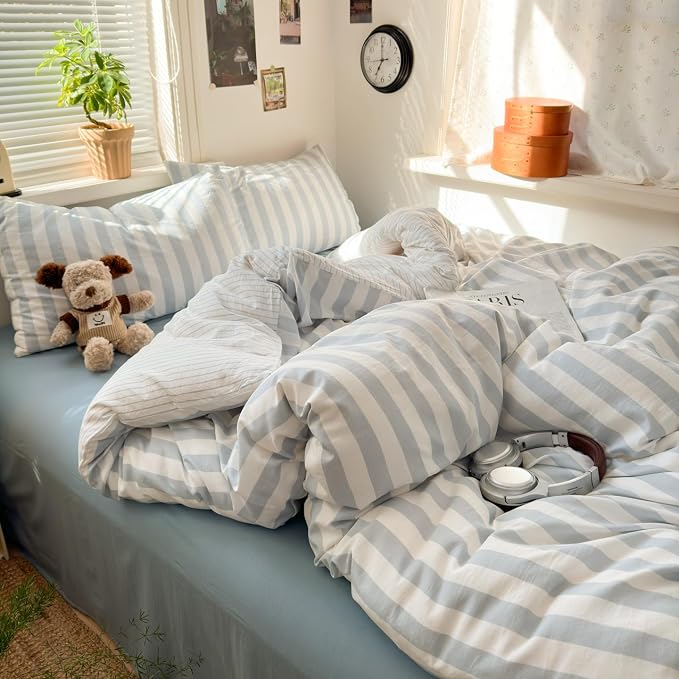 Sedefen Striped Duvet Cover Queen Size, 3 Pieces Grey White Stripe Bedding Set Kids Boys Girls, Retro Geometry Stripes Patterned Soft Microfiber Duvet Cover Set