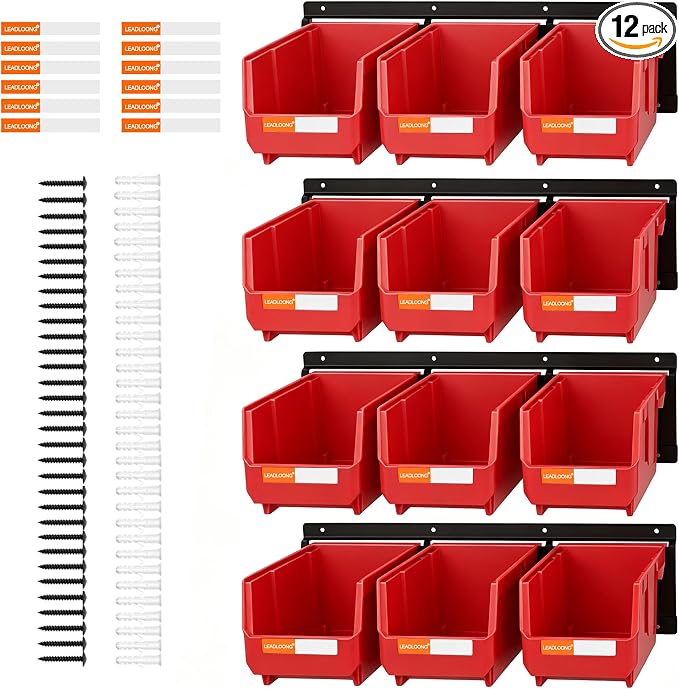 12pc Wall-Mounted Storage Organizer Set with Metal Rails Red | Heavy duty tool organization box with metal rails. Ext 7"x5"x4" for garage screws nuts bolts.