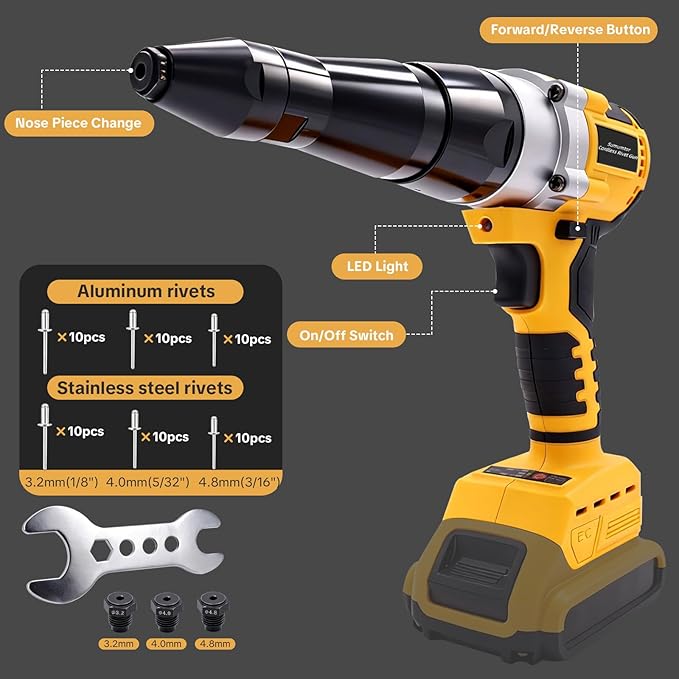 Cordless Rivet Gun Tool for Dewalt 20V Max Battery, Brushless Electric Automatic Rivet Gun with 1/8" 5/32" 3/16" Rivets & LED Light, Pop Rivet Gun Kit for Auto Repair, Construction & DIY (Tool Only)