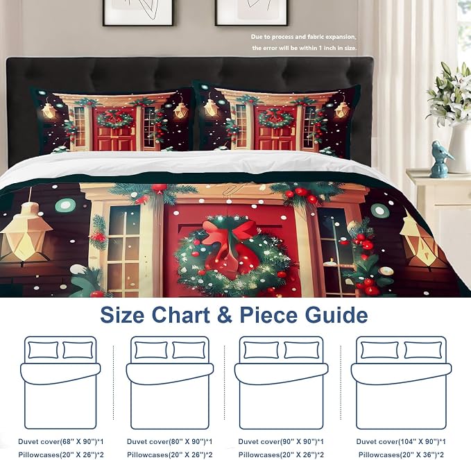 Batmerry Christmas Door King Size 100% Cotton Duvet Cover Sets, Wreath Snowflakes Bells Garland Lights Bedding Set with Zipper Closure Corner Ties, 3 Pieces (1 Cover + 2 Pillowcases No Comforter)
