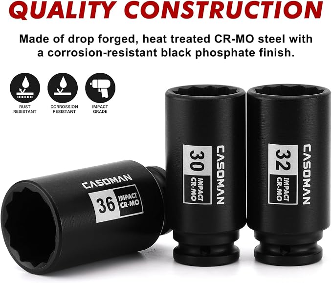 CASOMAN 1/2-Inch Drive Deep Spindle Axle Nut Impact Socket Set,12-Point, Metric, CR-MO, 29, 30, 32, 34, 35, 36, 38, 39mm, 8-Piece 1/2" Heavy Duty Impact Socket Set