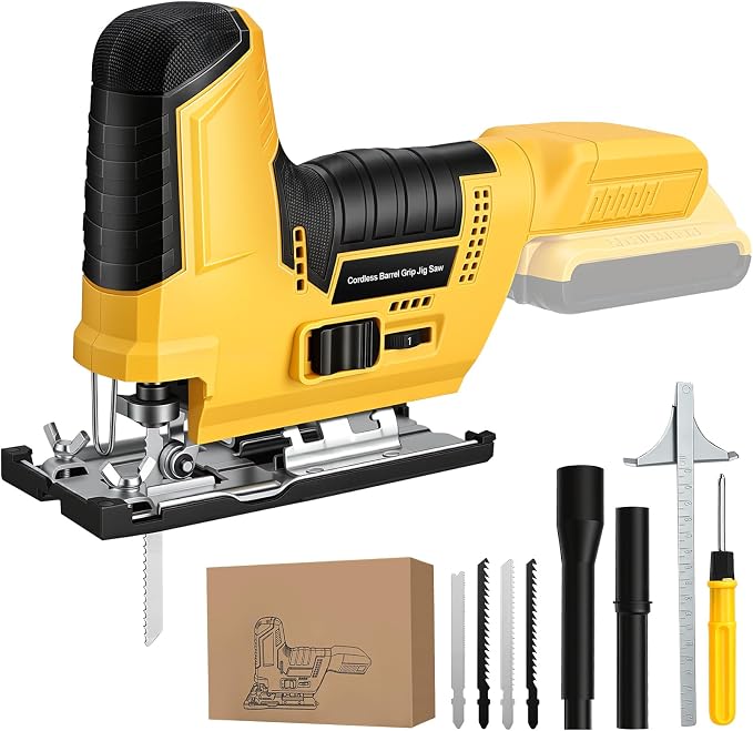 Jigsaw Cordless Compatible with DeWALT 20V MAX Battery, Barrel Grip Jig Saw Brushless, 7 Speed, 3 Orbital Settings, Vacuum Adapter, 45° Bevel Cutting, LED Light, Bare Tool for Wood, Plastic, Metal