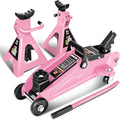 DNA Motoring 2 Ton Car Jack and Stands Kit 2T(4000 lbs) Capacity Low Profile Hydraulic Trolley Service/Floor Jack with 2 Ratchet Stands Combo for Home Garage Shop, Pink, TOOLS-00476-PK