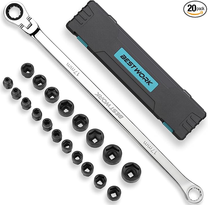 16.5" Long Flex Head Nano Ratchet Wrench & 19 Pcs 3/8" Nano Impact Sockets | Dual-Head Design, Laser-Etched Markings, 6-24mm, Metric, for Automotive, Bicycle & Industrial Use, Storage Case