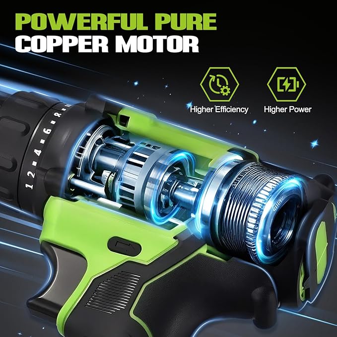 WORKBLESS 21V Power Drill Set, Cordless Drill with Batteries and Charger, 3/8'' Keyless Chuck, Variable Speed, 18+1 Torque Setting and 28pcs Bits Tool Set(Green, 2 Batteries)