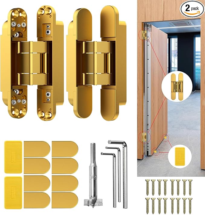 6" Hidden Door Hinge/Concealed Hinges,Invisible Hinges,Invisible Door Silent 180 Degree Swing Hinge 3-Way Adjustable Butt 6 x 2.5 x 1inch (Golden, 6 inches)