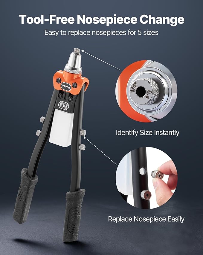 VEVOR Pop Rivet Gun Kit, with 230 Blind Rivets, Two-Handed Riveter with 5 Interchangeable Nosepieces, 5 Drill Bits, and a Carrying Case, Manual Riveting Tool for Metal, Automotive, Home, and DIY