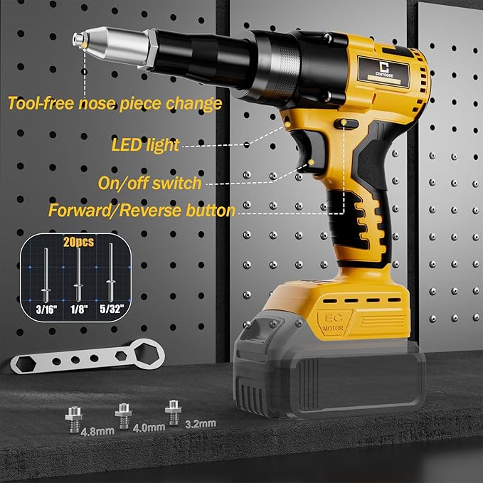 Cerycose Rivet Gun Compatible with Dewalt 20V Battery, Cordless Rivet Tool with 3 Size (1/8", 5/32", 3/16") Aluminum Rivets, Brushless Motor Rivet Gun Kit Nose Piece, No Battery