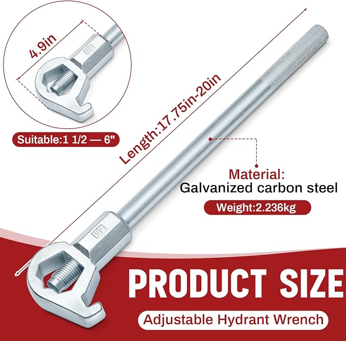Tandefio 1 Pcs Fire Hydrant Wrench, 1-1/2" to 6", Silver | Adjustable Hydrant Key for Utility Crews, Multifunctional Hydrant Wrench for Tightening Fire Nuts Tightening Water Pipes