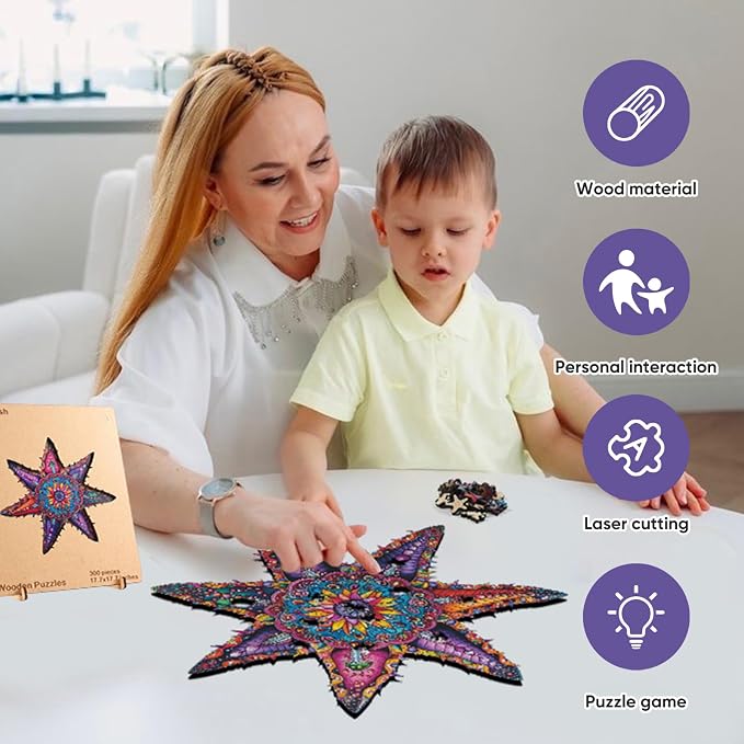 Qiuenisray Wooden Puzzles for Adults, Starfish Ocean Jigsaw Puzzles | 200 Pieces, FSC Certified Unique Shape Animal Adult Puzzles, Unique Wood Puzzle, Best Gift for Family Game 14.3x14.3 in